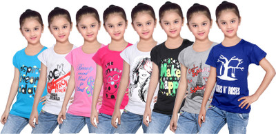 

IndiWeaves Girls Printed Cotton T Shirt(Multicolor, Pack of 8, Black;blue;grey;pink;white