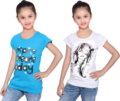 

IndiWeaves Girls Printed Cotton T Shirt(Multicolor, Pack of 2, Blue;white