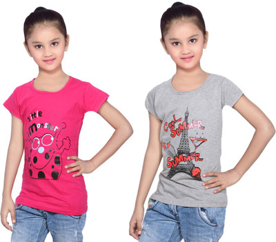 

IndiWeaves Girls Printed Cotton T Shirt(Multicolor, Pack of 2, Grey;pink