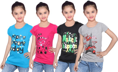 

IndiWeaves Girls Printed Cotton T Shirt(Multicolor, Pack of 4, Black;blue;grey;pink