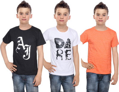 

IndiWeaves Boys Printed Cotton T Shirt(Multicolor, Pack of 3, Black;orange;white