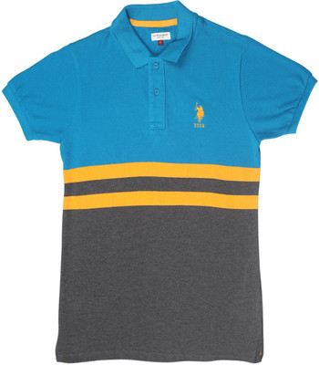 

US Polo Kids Boys Striped Cotton T Shirt(Blue, Pack of 1, Me. blue