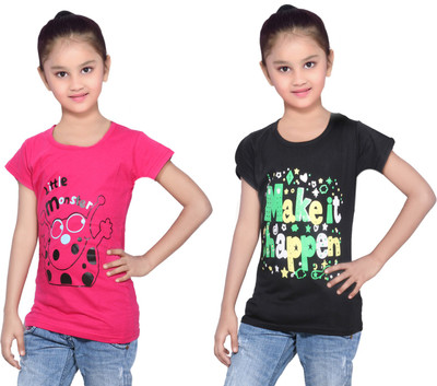 

IndiWeaves Girls Printed Cotton T Shirt(Multicolor, Pack of 2, Black;pink