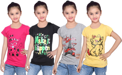 

IndiWeaves Girls Printed Cotton T Shirt(Multicolor, Pack of 4, Black;grey;pink;yellow