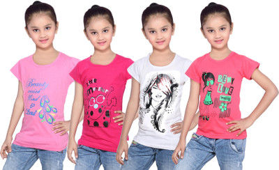 

IndiWeaves Girls Printed Cotton T Shirt(Multicolor, Pack of 4, Pink;red;white
