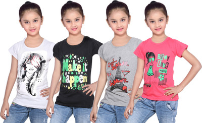 

IndiWeaves Girls Printed Cotton T Shirt(Multicolor, Pack of 4, Black;grey;red;white