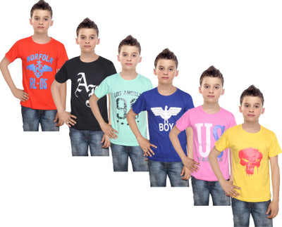 

IndiWeaves Boys Printed Cotton T Shirt(Multicolor, Pack of 6, Black;blue;green;orange;pink;yellow