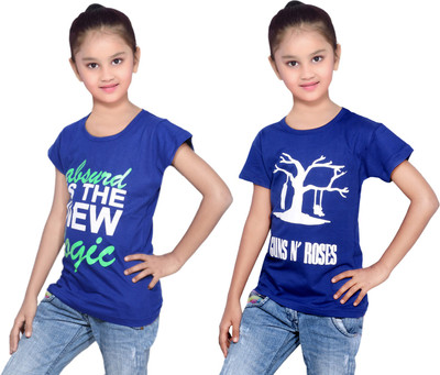 

IndiWeaves Girls Printed Cotton T Shirt(Multicolor, Pack of 2, Blue