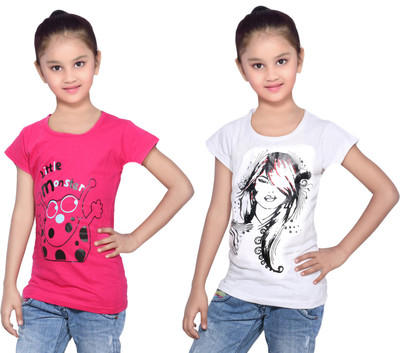 

IndiWeaves Girls Printed Cotton T Shirt(Multicolor, Pack of 2, Pink;white