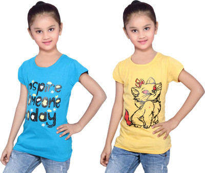 

IndiWeaves Girls Printed Cotton T Shirt(Multicolor, Pack of 2, Blue;yellow