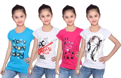 

IndiWeaves Girls Printed Cotton T Shirt(Multicolor, Pack of 4, Blue;pink;white