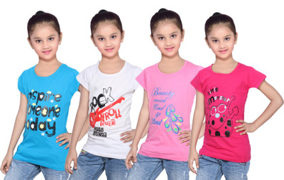 

IndiWeaves Girls Printed Cotton T Shirt(Multicolor, Pack of 4, Blue;pink;white