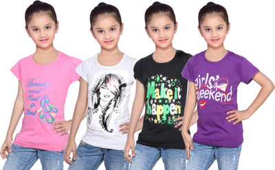 

IndiWeaves Girls Printed Cotton T Shirt(Multicolor, Pack of 4, Black;pink;purple;white