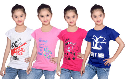 

IndiWeaves Girls Printed Cotton T Shirt(Multicolor, Pack of 4, Blue;pink;white