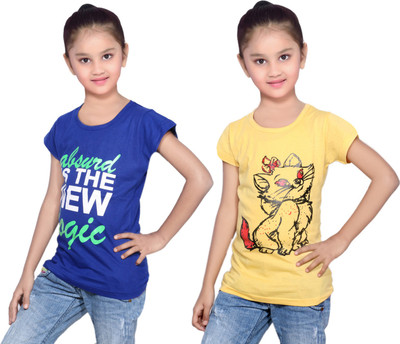 

IndiWeaves Girls Printed Cotton T Shirt(Multicolor, Pack of 2, Blue;yellow