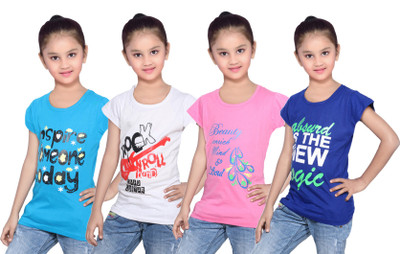 

IndiWeaves Girls Printed Cotton T Shirt(Multicolor, Pack of 4, Blue;pink;white