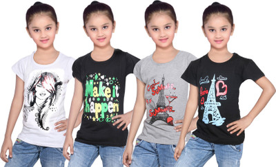

IndiWeaves Girls Printed Cotton T Shirt(Multicolor, Pack of 4, Black;grey;white