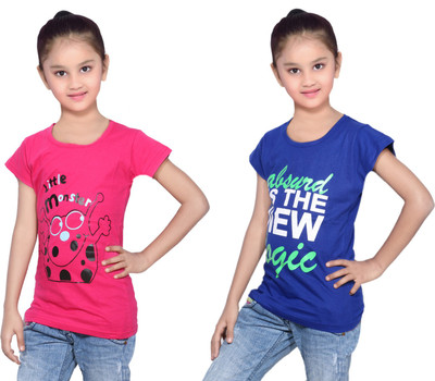 

IndiWeaves Girls Printed Cotton T Shirt(Multicolor, Pack of 2, Blue;pink