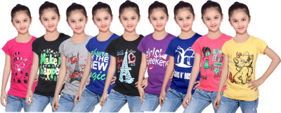 

IndiWeaves Girls Printed Cotton T Shirt(Multicolor, Pack of 9, Black;blue;grey;pink;purple;red;yellow