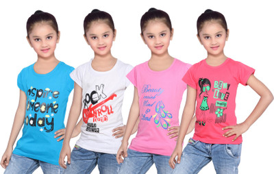 

IndiWeaves Girls Printed Cotton T Shirt(Multicolor, Pack of 4, Blue;pink;red;white
