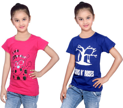 

IndiWeaves Girls Printed Cotton T Shirt(Multicolor, Pack of 2, Blue;pink