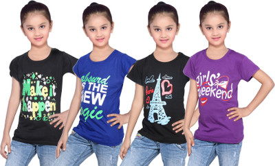 

IndiWeaves Girls Printed Cotton T Shirt(Multicolor, Pack of 4, Black;blue;purple