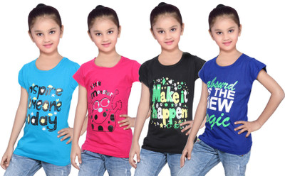 

IndiWeaves Girls Printed Cotton T Shirt(Multicolor, Pack of 4, Black;blue;pink