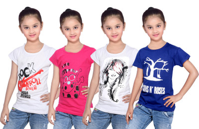 

IndiWeaves Girls Printed Cotton T Shirt(Multicolor, Pack of 4, Blue;pink;white