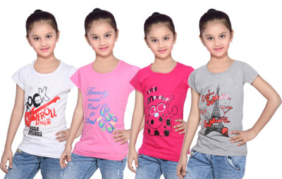 

IndiWeaves Girls Printed Cotton T Shirt(Multicolor, Pack of 4, Grey;pink;white