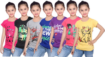 

IndiWeaves Girls Printed Cotton T Shirt(Multicolor, Pack of 7