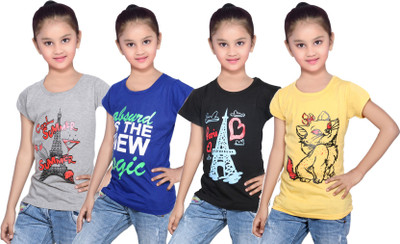 

IndiWeaves Girls Printed Cotton T Shirt(Multicolor, Pack of 4, Black;blue;grey;yellow