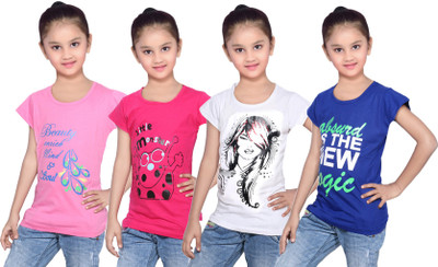 IndiWeaves Girls Printed Cotton T Shirt(Multicolor, Pack of 4, Blue;pink;white