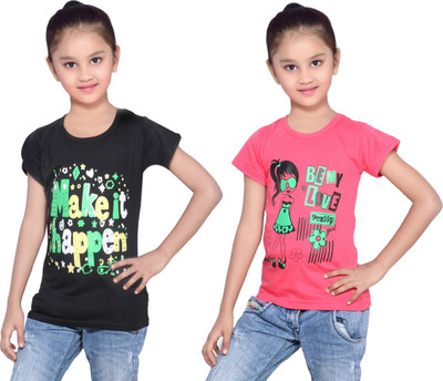

IndiWeaves Girls Printed Cotton T Shirt(Multicolor, Pack of 2, Black;red