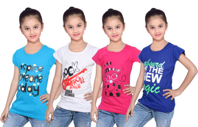 

IndiWeaves Girls Printed Cotton T Shirt(Multicolor, Pack of 4, Blue;pink;white