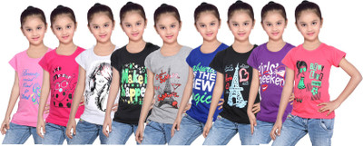 

IndiWeaves Girls Printed Cotton T Shirt(Multicolor, Pack of 9, Black;blue;grey;pink;purple;red;white