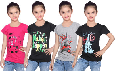 

IndiWeaves Girls Printed Cotton T Shirt(Multicolor, Pack of 4, Black;grey;pink