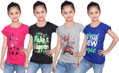 

IndiWeaves Girls Printed Cotton T Shirt(Multicolor, Pack of 4, Black;blue;grey;pink