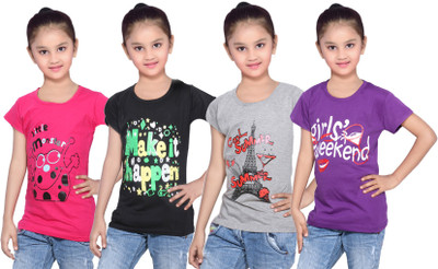 

IndiWeaves Girls Printed Cotton T Shirt(Multicolor, Pack of 4, Black;grey;pink;purple
