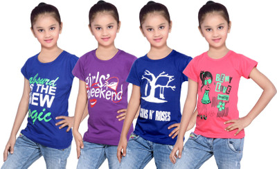 

IndiWeaves Girls Printed Cotton T Shirt(Multicolor, Pack of 4, Blue;purple;red