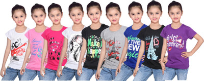 

IndiWeaves Girls Printed Cotton T Shirt(Multicolor, Pack of 9, Black;blue;grey;pink;purple;white