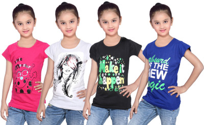

IndiWeaves Girls Printed Cotton T Shirt(Multicolor, Pack of 4, Black;blue;pink;white