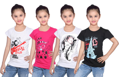 

IndiWeaves Girls Printed Cotton T Shirt(Multicolor, Pack of 4, Black;pink;white