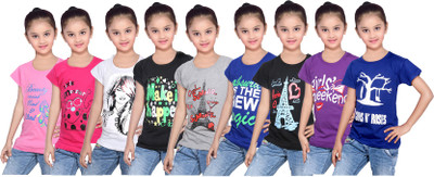 

IndiWeaves Girls Printed Cotton T Shirt(Multicolor, Pack of 9, Black;blue;grey;pink;purple;white