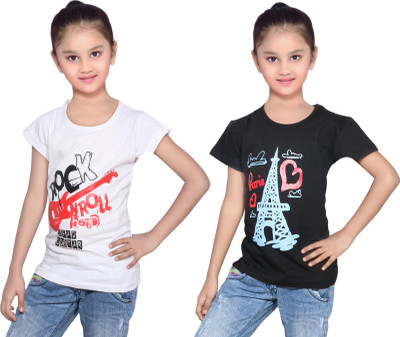 

IndiWeaves Girls Printed Cotton T Shirt(Multicolor, Pack of 2, Black;white