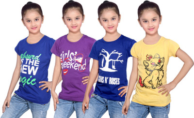 

IndiWeaves Girls Printed Cotton T Shirt(Multicolor, Pack of 4, Blue;purple;yellow