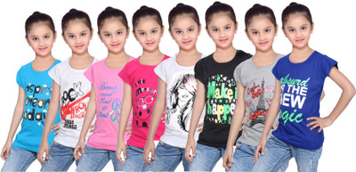 

IndiWeaves Girls Printed Cotton T Shirt(Multicolor, Pack of 8, Black;blue;grey;pink;white