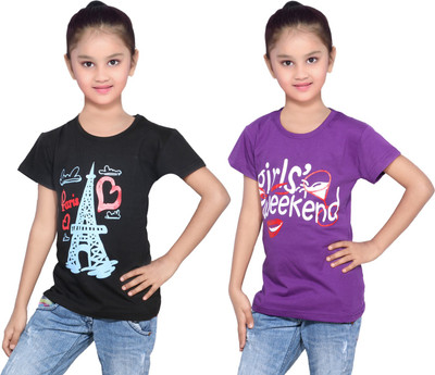 

IndiWeaves Girls Printed Cotton T Shirt(Multicolor, Pack of 2, Black;purple