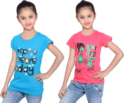 

IndiWeaves Girls Printed Cotton T Shirt(Multicolor, Pack of 2, Blue;red