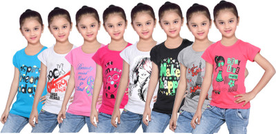 

IndiWeaves Girls Printed Cotton T Shirt(Multicolor, Pack of 8, Black;blue;grey;pink;red;white