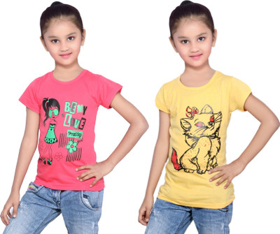 

IndiWeaves Girls Printed Cotton T Shirt(Multicolor, Pack of 2, Red;yellow